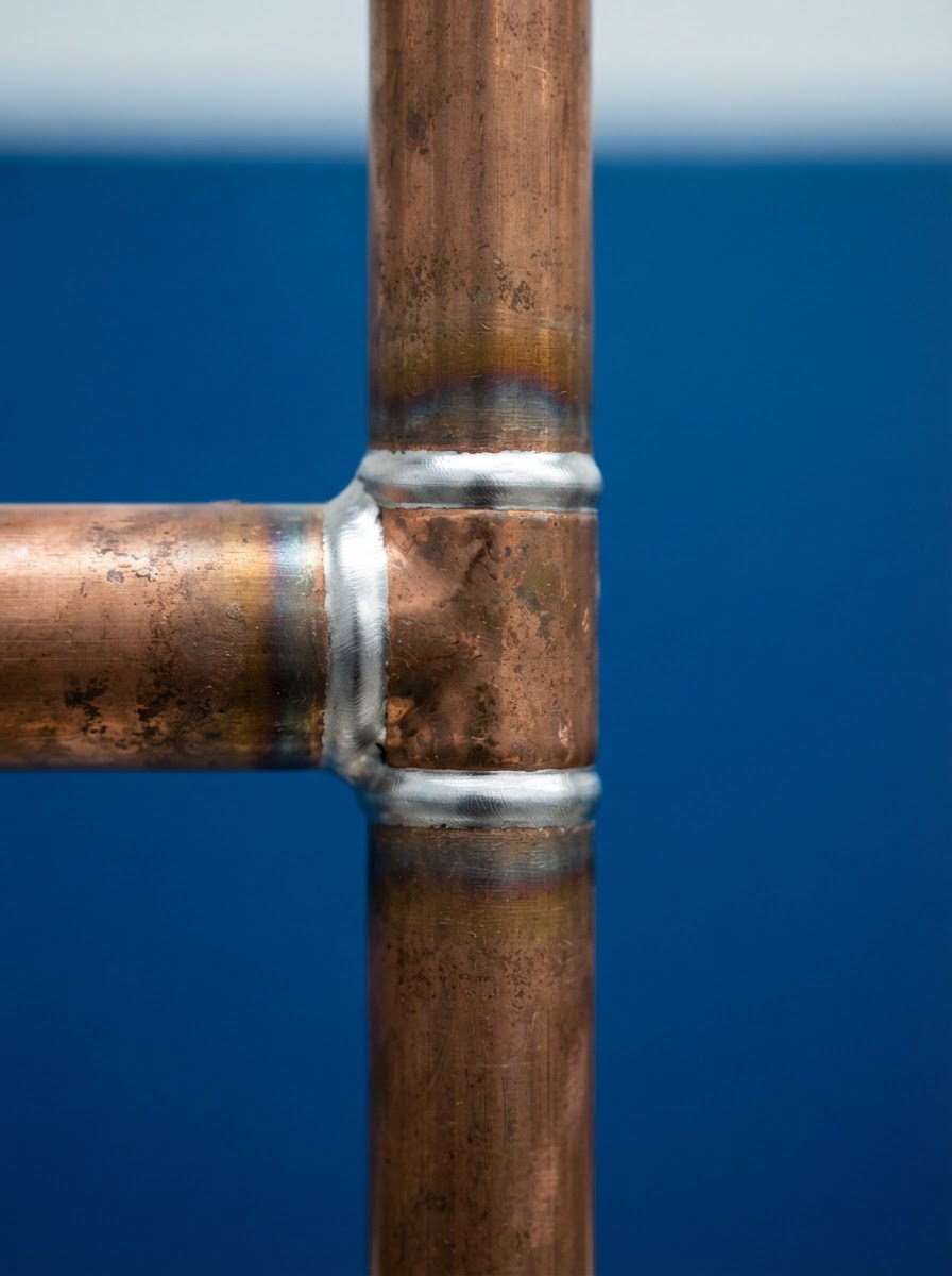 Perfectly soldered copper pipe joint showing the silver solder ring