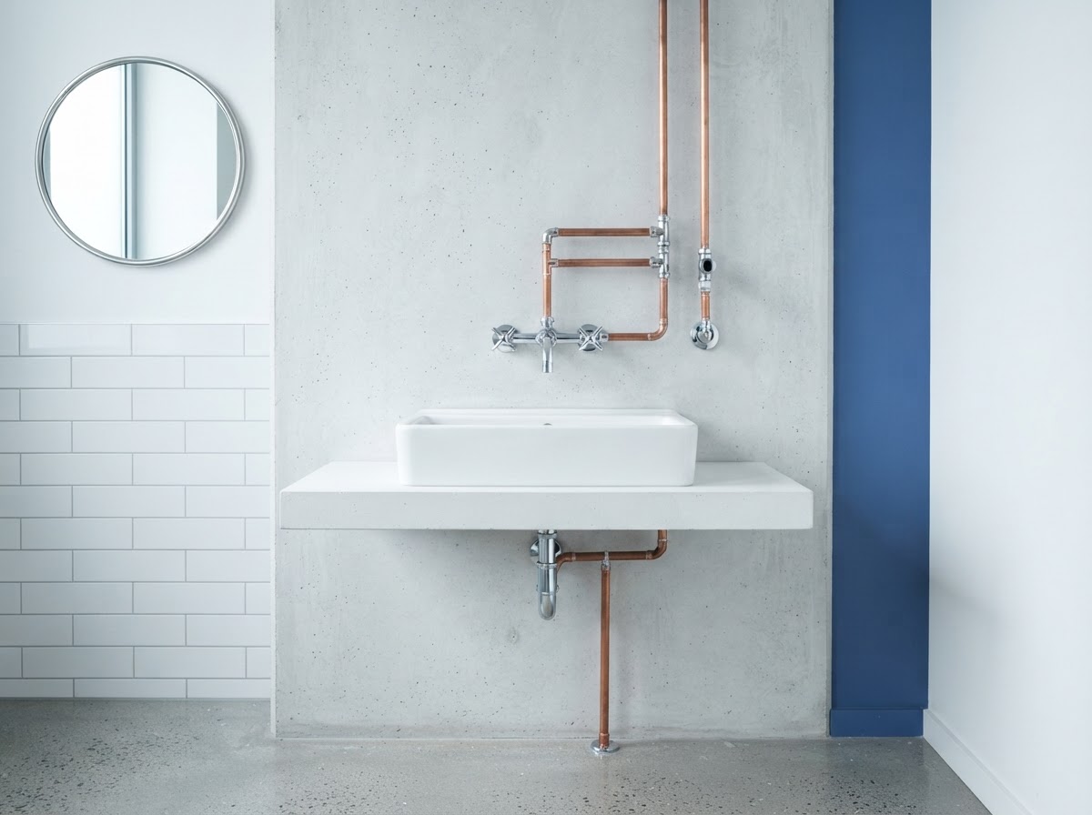 Minimalist modern bathroom installation with chrome fixtures and copper details