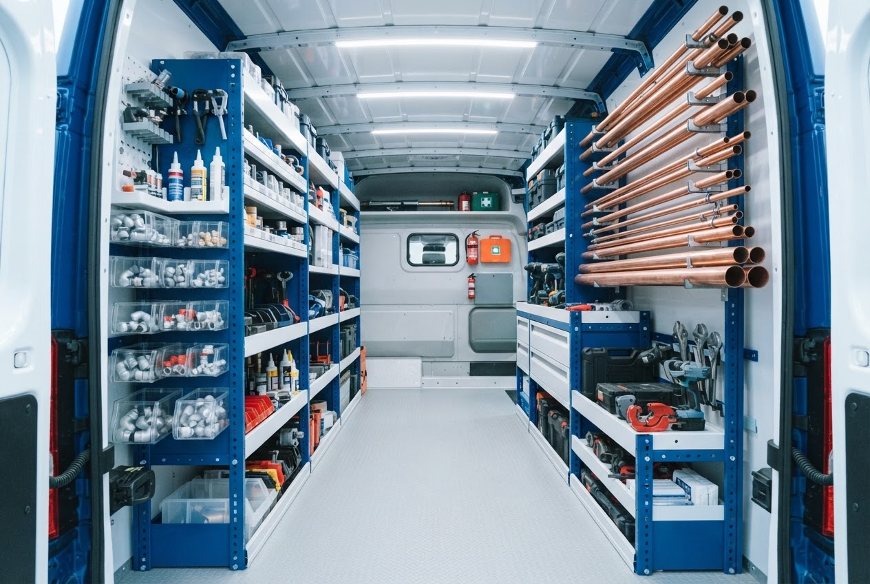 Clean interior of a professional plumbing service van with organised tool racks