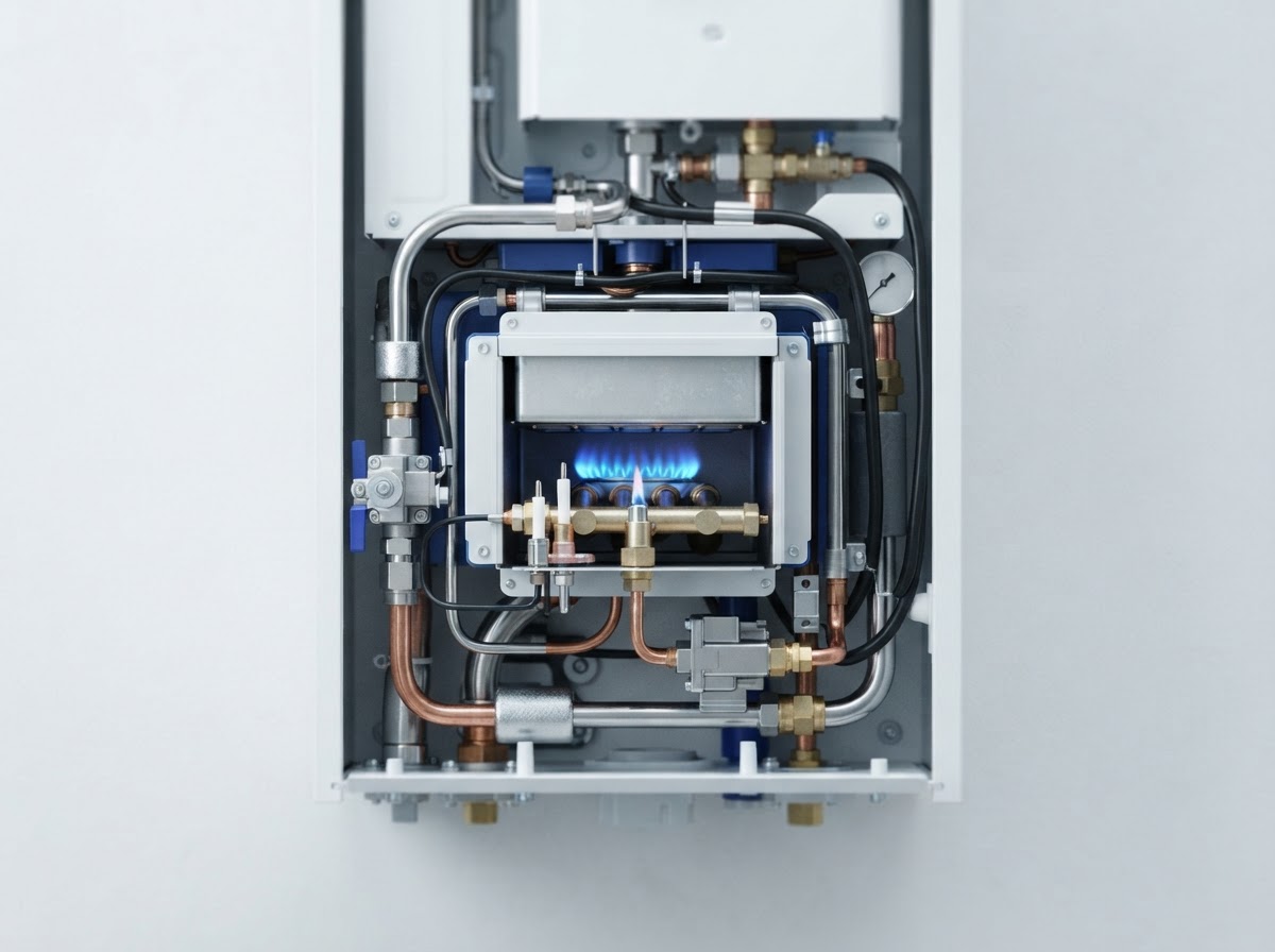 Modern high-end wall-mounted boiler with a clean blue pilot flame