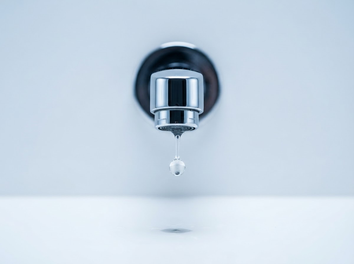 Polished chrome tap faucet with a single clean water droplet