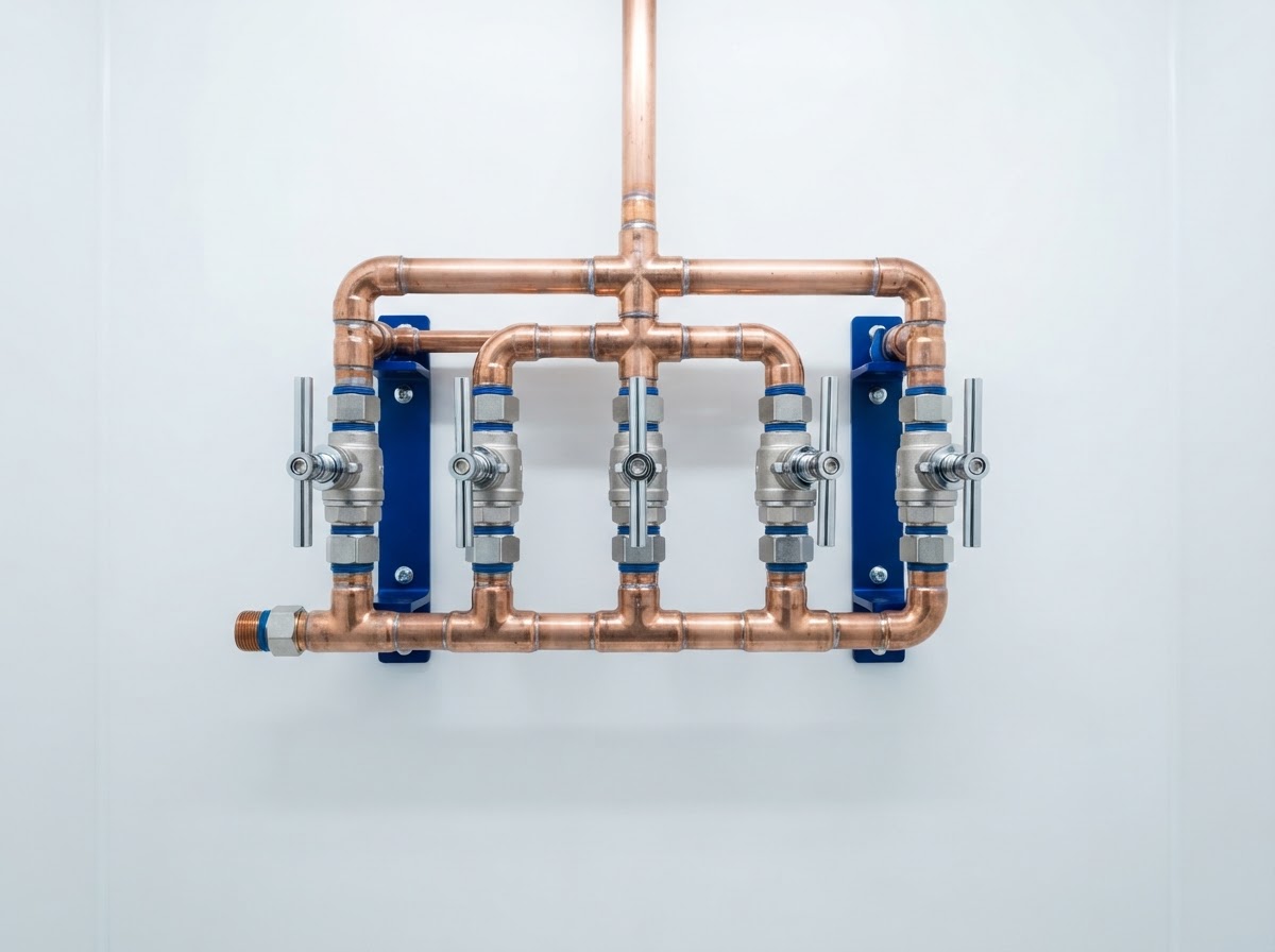 Precision-fitted copper manifold with polished chrome valves