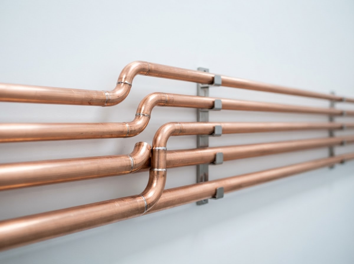 Copper pipes precisely bent and aligned in parallel against a white wall