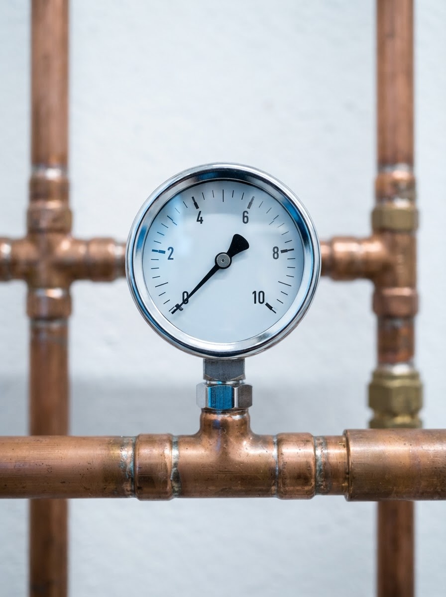 Polished chrome pressure gauge on a copper pipe manifold