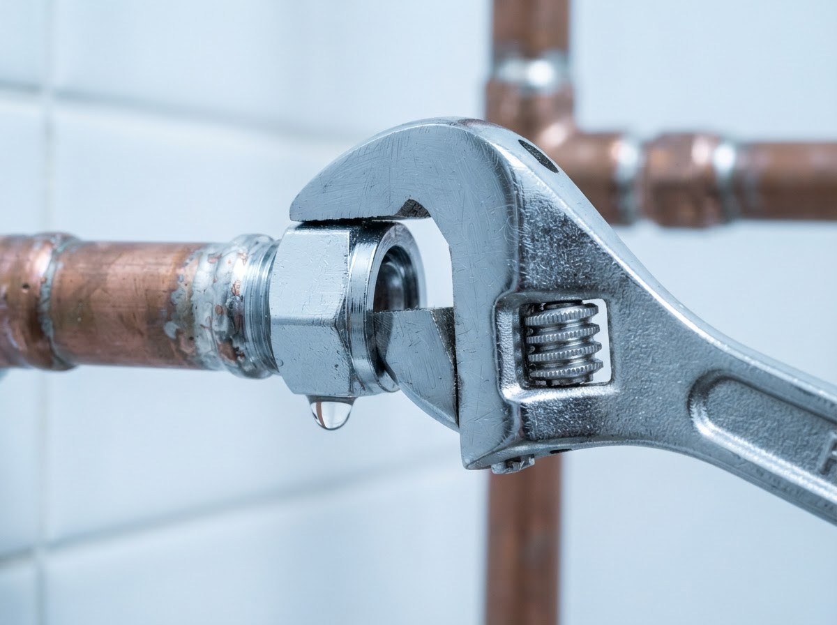 Chrome wrench tightening a chrome nut on a copper pipe joint
